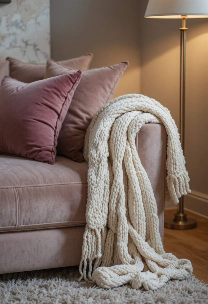 Layered textiles with chunky knit throw and velvet cushions on sofa