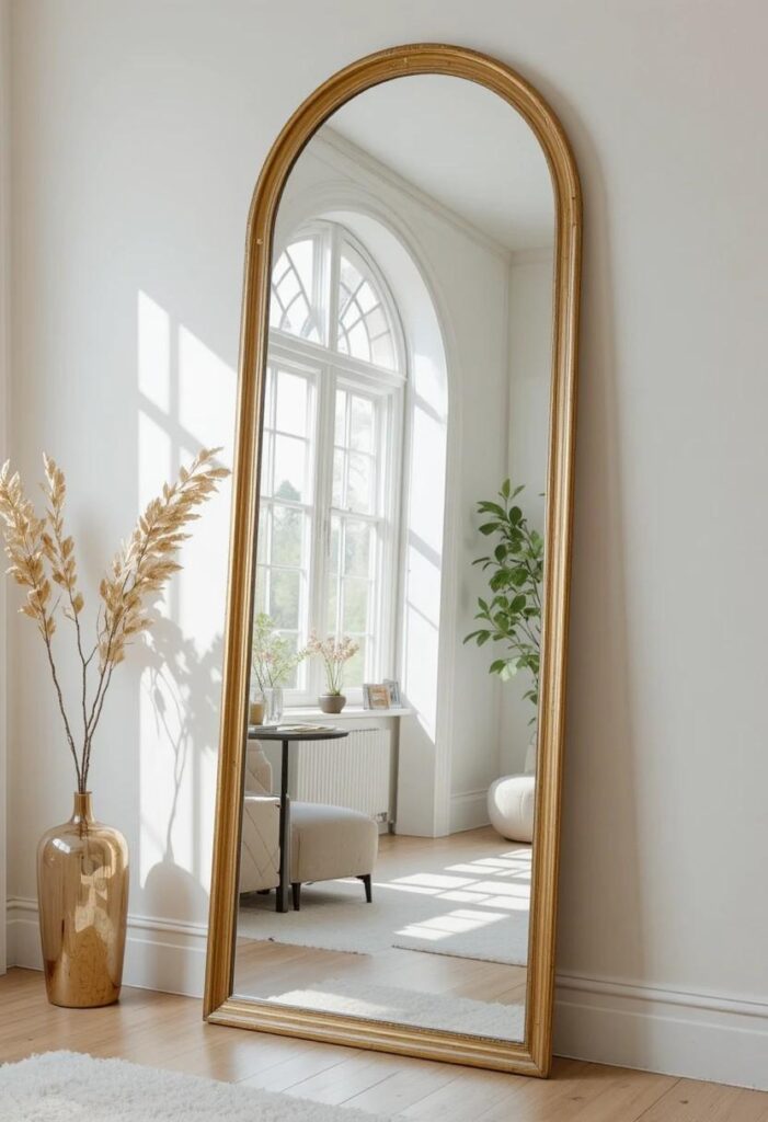 Tall arched mirror leaning against wall brightening a small living room