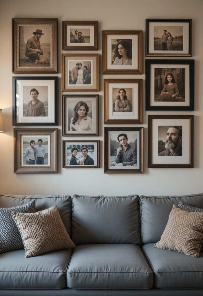 Gallery wall with mixed frames above living room sofa
