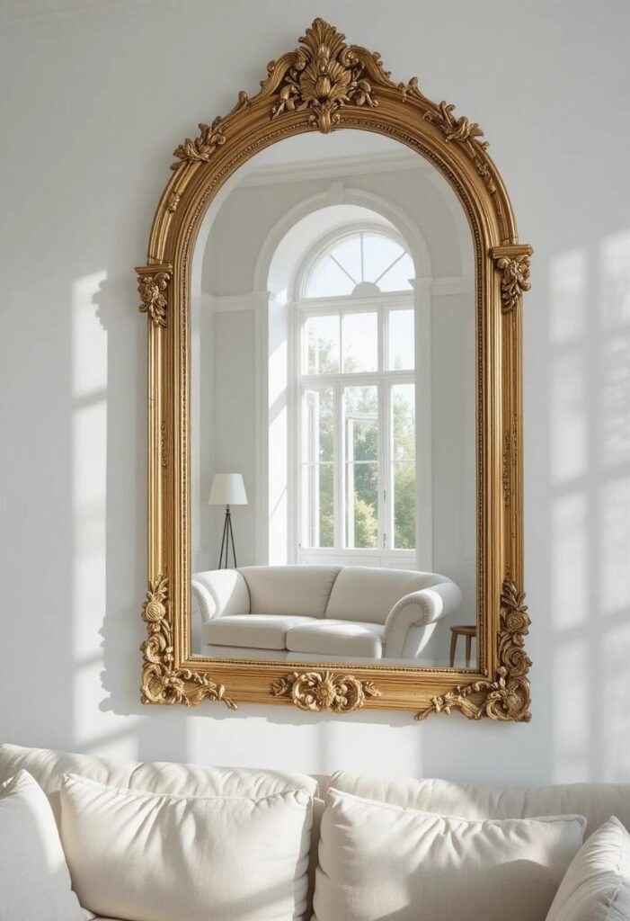 Large gold statement mirror on living room wall