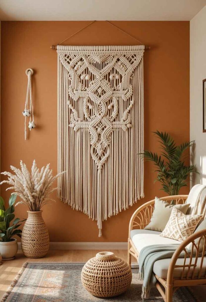 Woven macrame wall hanging in boho living room