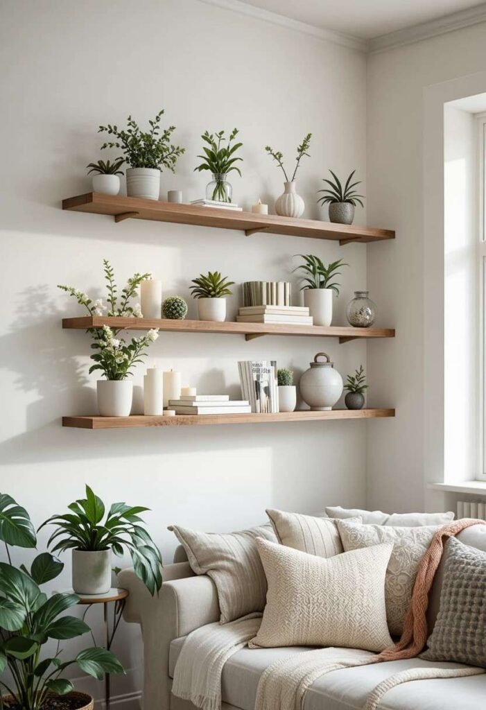 Floating shelves with styled decor on living room wall