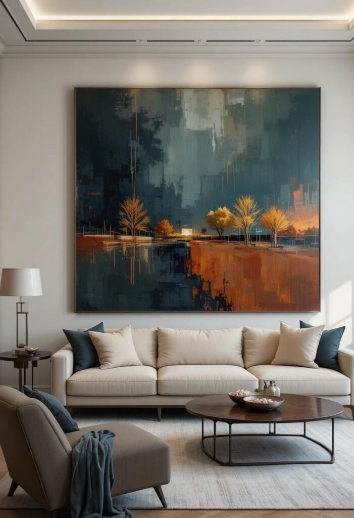 Oversized abstract art print on modern living room wall