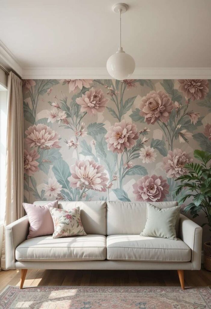 Peel and stick floral wallpaper accent wall in living room