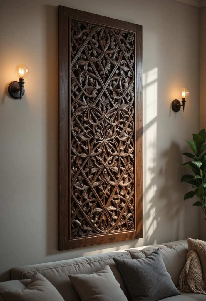 Wooden carved wall panel with warm lighting in living room