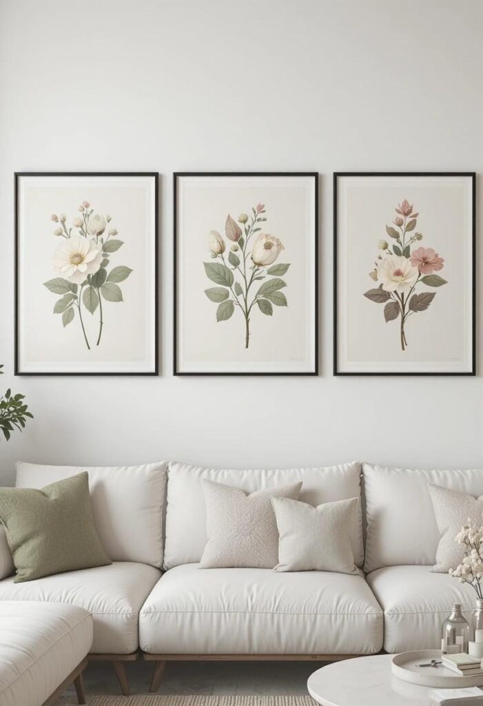 Botanical art prints grouped on bright living room wall