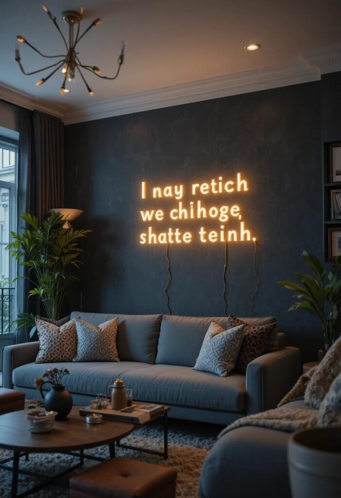 Neon sign focal point on dark living room accent wall