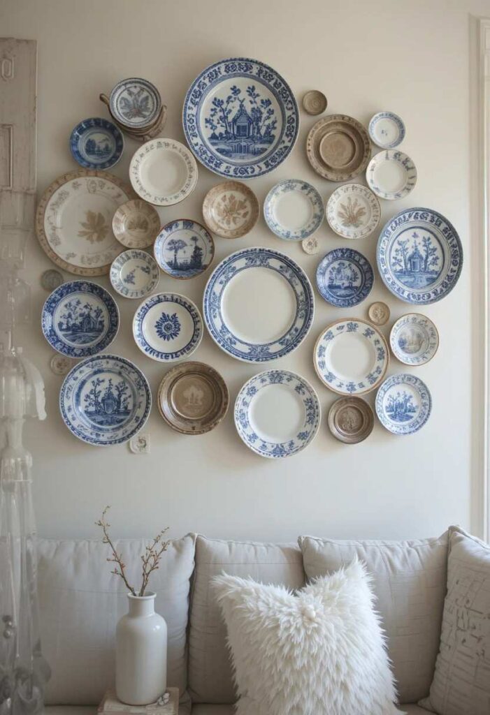 Decorative plate wall display in farmhouse living room