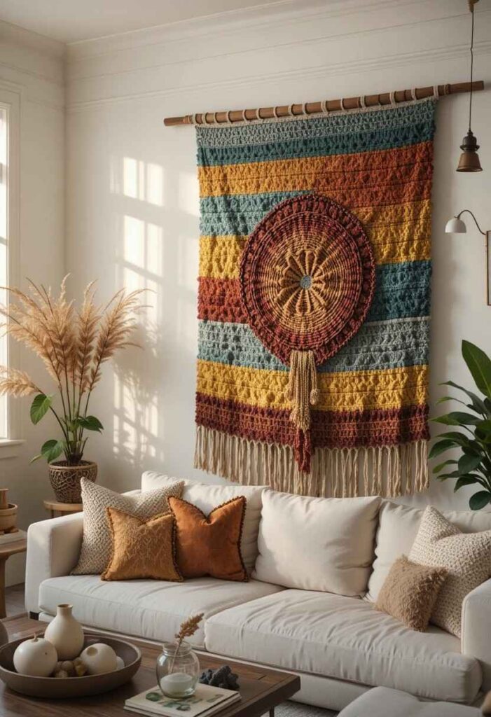 Colorful woven tapestry on living room wall with wooden rod