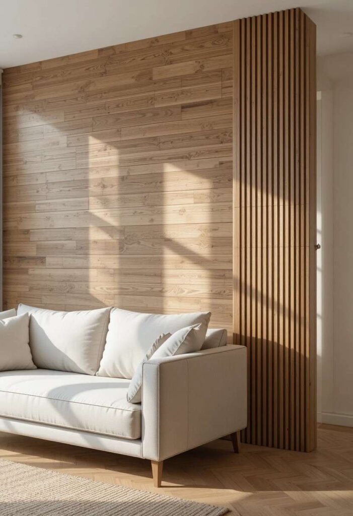 Wood slat shiplap accent wall behind living room sofa