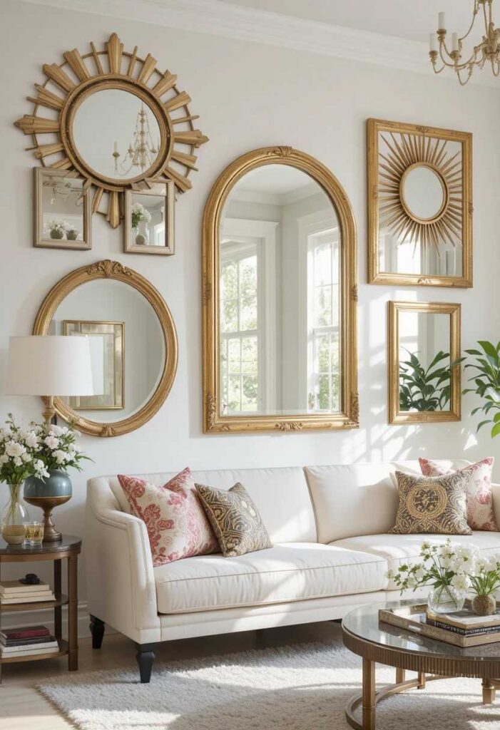 Mirror gallery wall with gold frames in living room