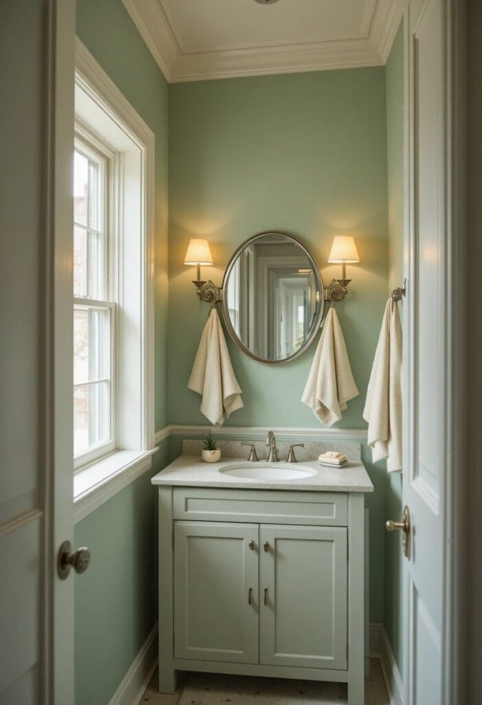 Small bathroom with light sage green walls and warm white lighting to create an open airy feel