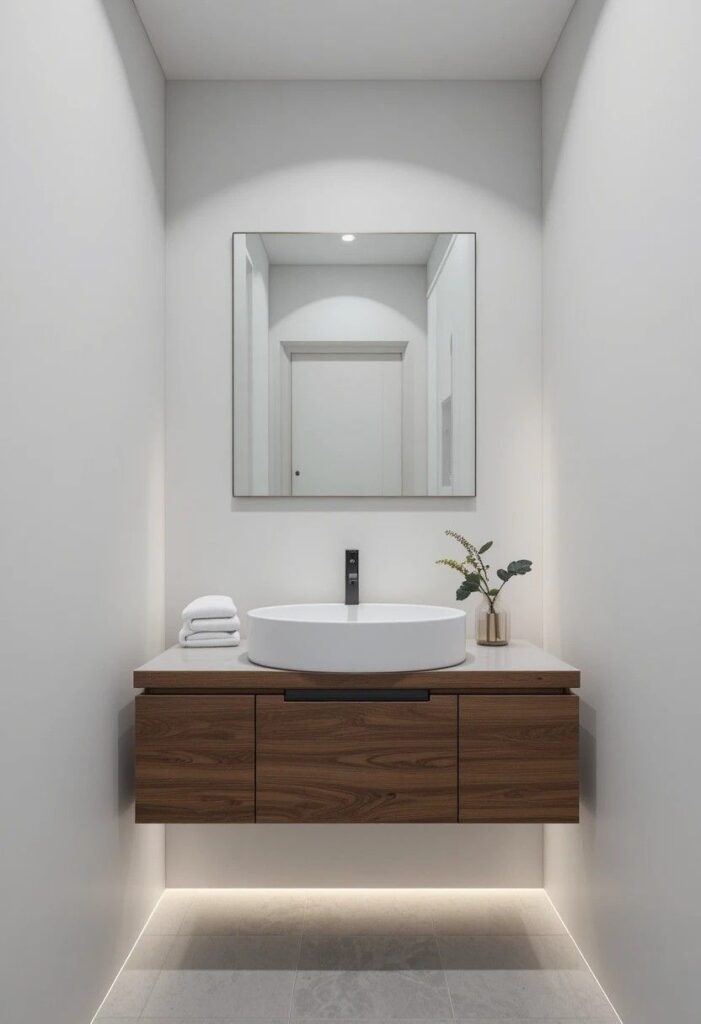 Floating walnut vanity with matte black fixtures and LED under-lighting in a modern small bathroom