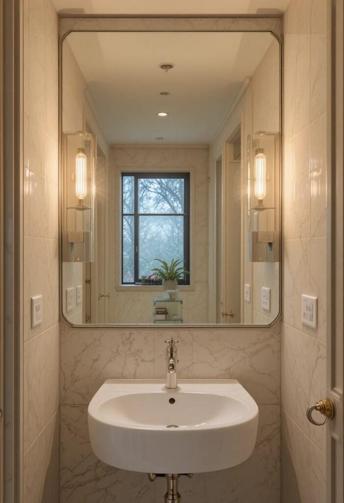 Large frameless mirror in a small bathroom reflecting light and creating the illusion of more space