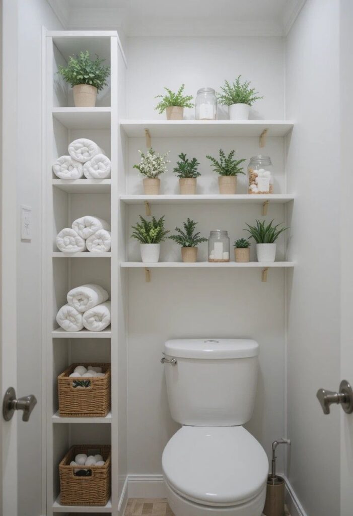Vertical open shelving beside toilet in small bathroom styled with towels plants and glass jars