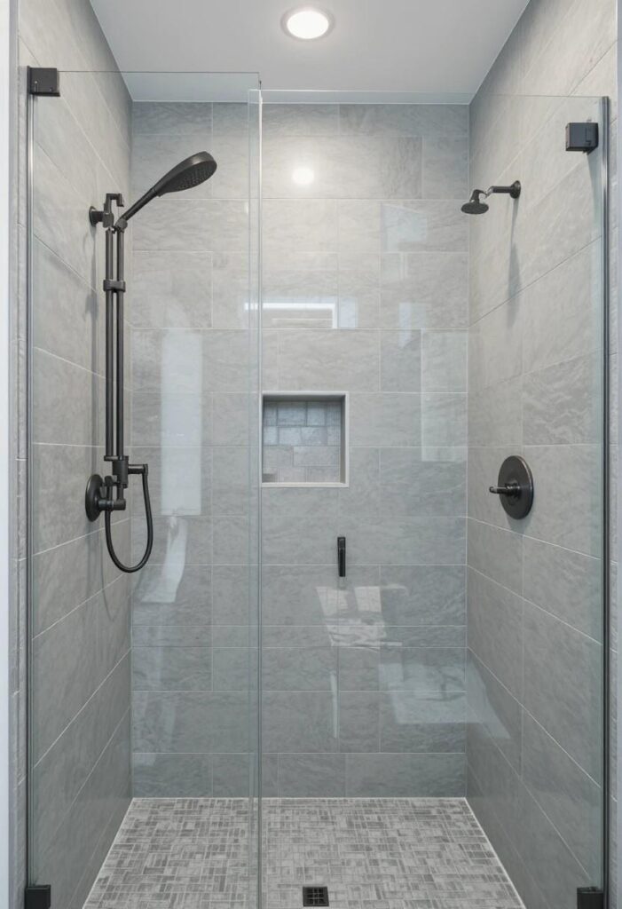 Walk-in shower with frameless glass panel and rainfall showerhead in a modern small bathroom