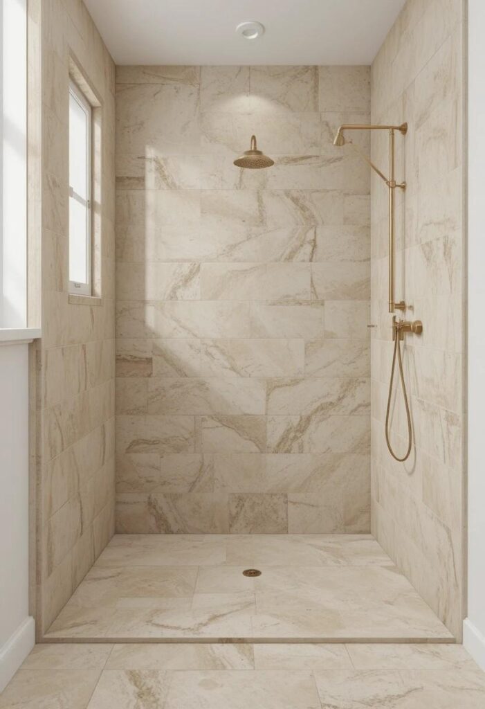 Large rectangular beige tiles with minimal grout lines creating visual flow in a small bathroom