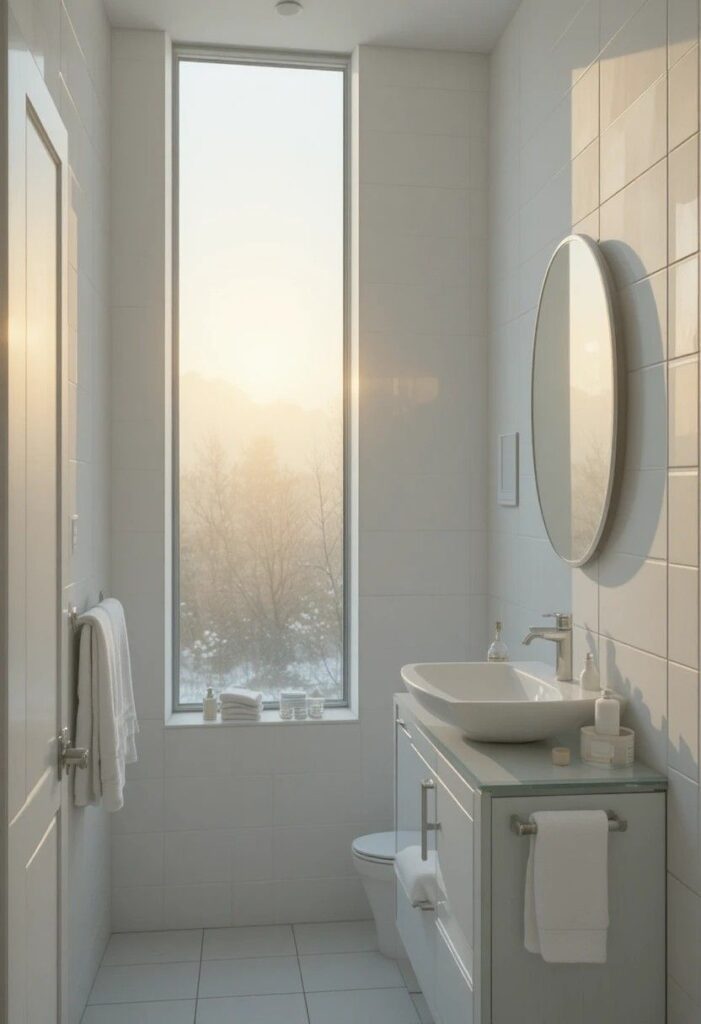 Frosted glass window in small bathroom allowing soft natural light while maintaining privacy