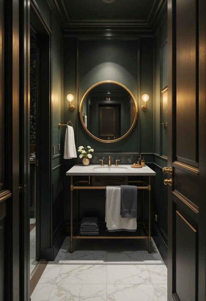 Dark forest green small bathroom with brushed gold fixtures and warm Edison bulb lighting for a moody spa feel