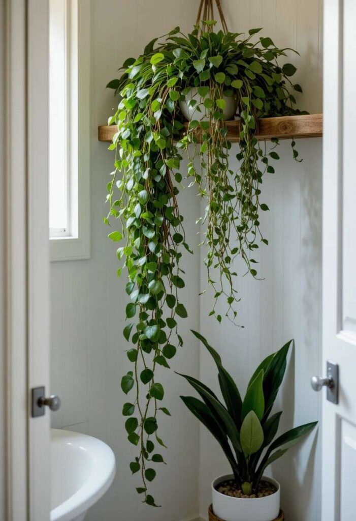 Small bathroom with pothos plant eucalyptus and snake plant adding natural greenery and freshness
