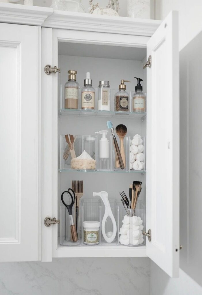 Clear acrylic organizers inside bathroom cabinet door for smart hidden storage in a small bathroom