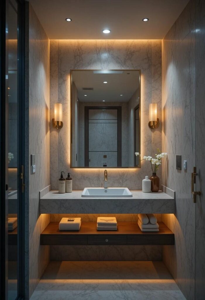 Layered warm lighting in small bathroom with overhead vanity and LED strip lights for a spa-like atmosphere