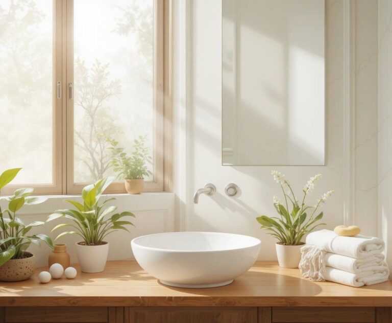 Beautiful bathroom sink ideas with natural light, wooden vanity, and fresh green plants for a spa-like feel.