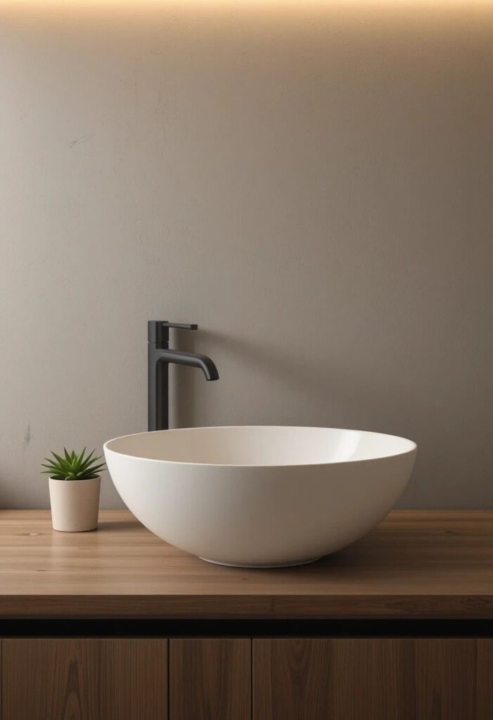 White ceramic vessel sink on a warm walnut wooden vanity with a matte black faucet in a modern bathroom.