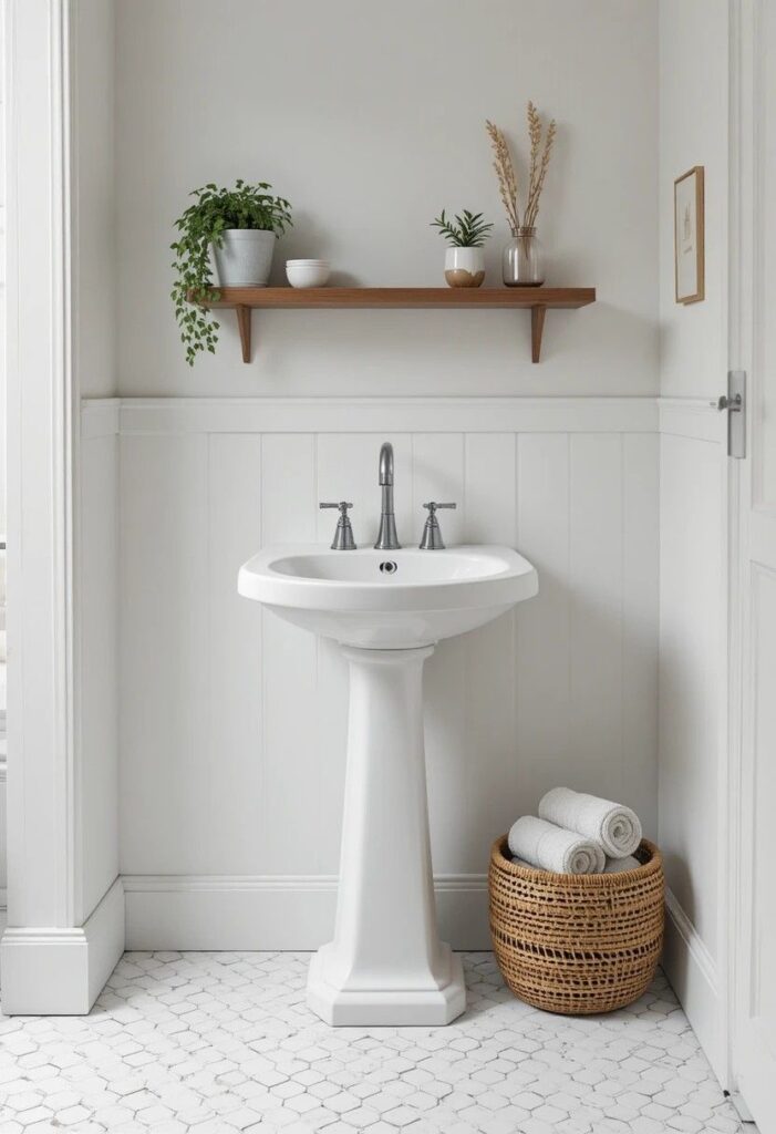 White pedestal sink in a small bathroom with chrome fixtures, woven basket storage, and a floating shelf above.