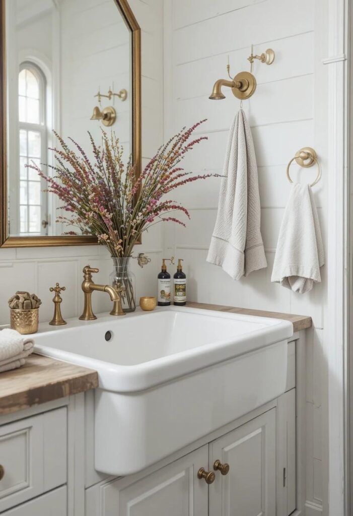  White farmhouse apron sink in a bathroom with shiplap walls, brass fixtures, and linen towels for a cottage feel.