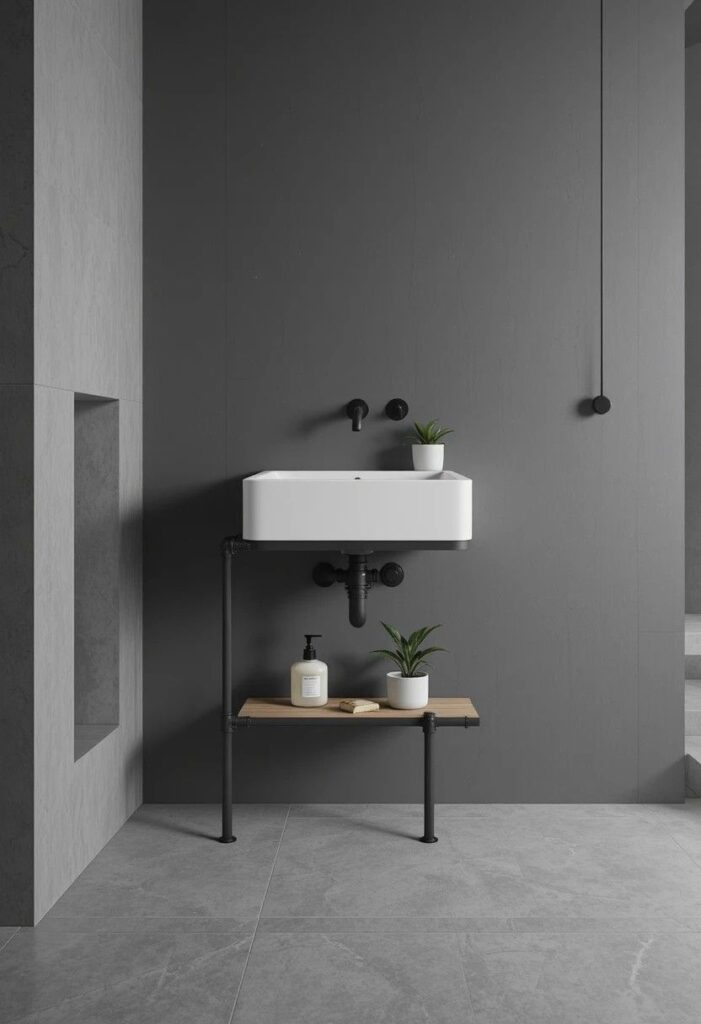  Wall-mounted white bathroom sink on a charcoal gray wall with open floor space and industrial pipe shelf below.