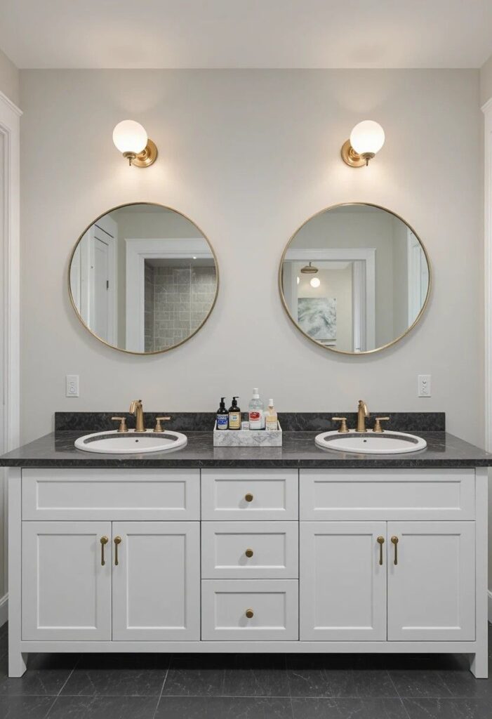 Double sink vanity with two undermount basins, dark quartz countertop, gold faucets, and round mirrors in a shared bathroom.
