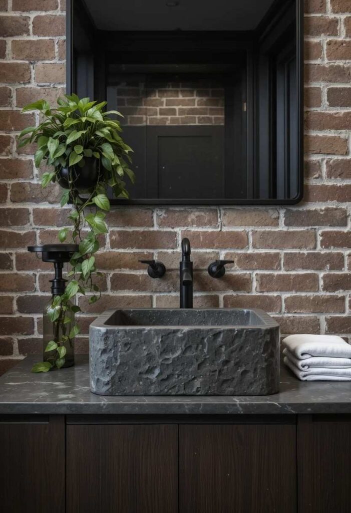 Charcoal concrete bathroom sink with matte black faucet, exposed brick wall, and trailing plant for an industrial style look.
