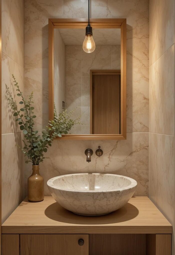 Natural travertine stone basin sink on a light oak vanity with warm lighting and eucalyptus for a spa-inspired bathroom.