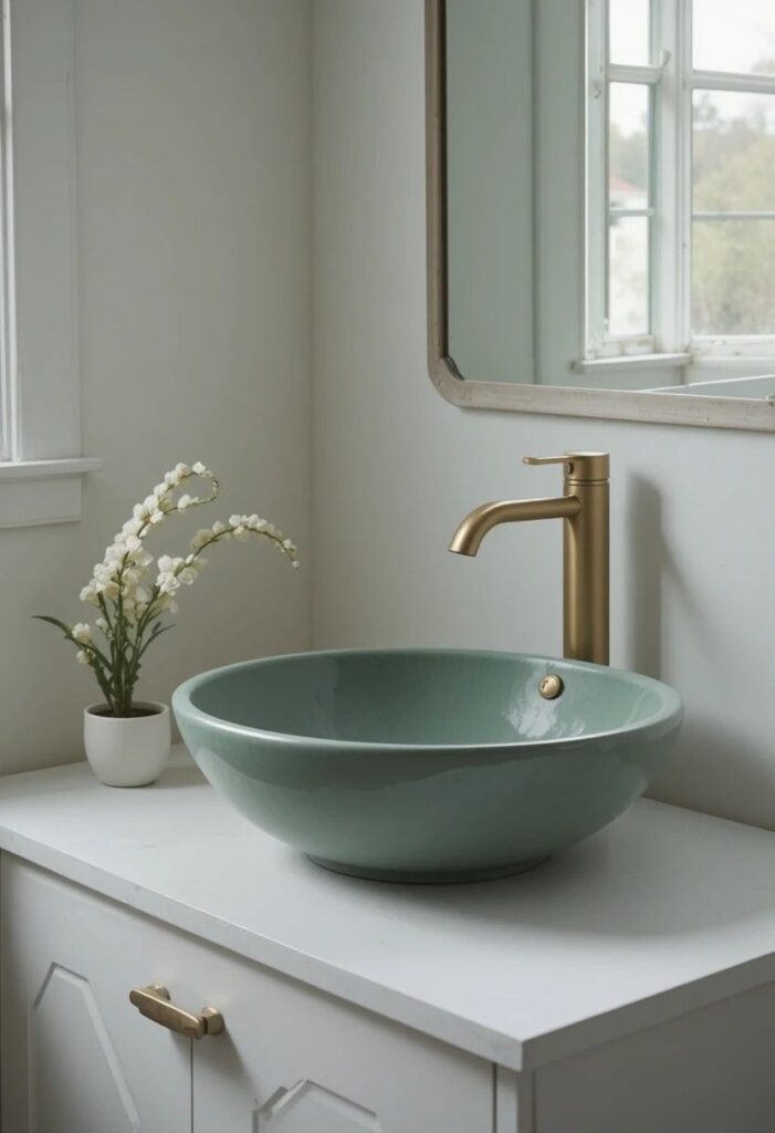 Dusty sage green colored bathroom sink on a white vanity with gold faucet and trailing plant for a bold stylish statement.
