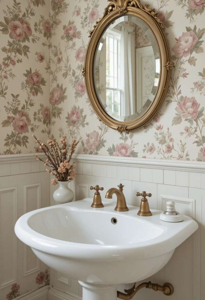  Vintage white porcelain bathroom sink with brass faucets, floral wallpaper, and antique mirror for a classic nostalgic charm.
