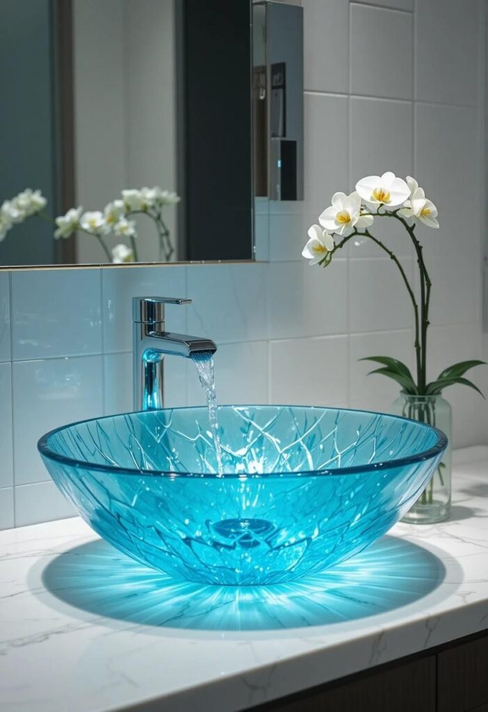  Blue tinted glass vessel sink on a white quartz countertop with chrome waterfall faucet for a luxurious transparent bathroom look.