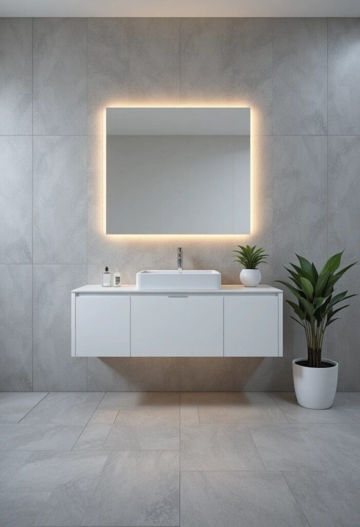 White floating vanity sink with LED under-cabinet lighting and open floor space for a sleek modern bathroom upgrade.