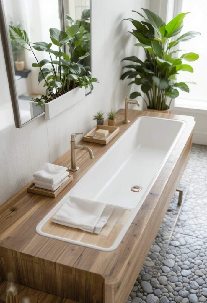  Long white trough sink with dual brass faucets on a teak vanity with pebble tiles and green plants for a spa-inspired bathroom.