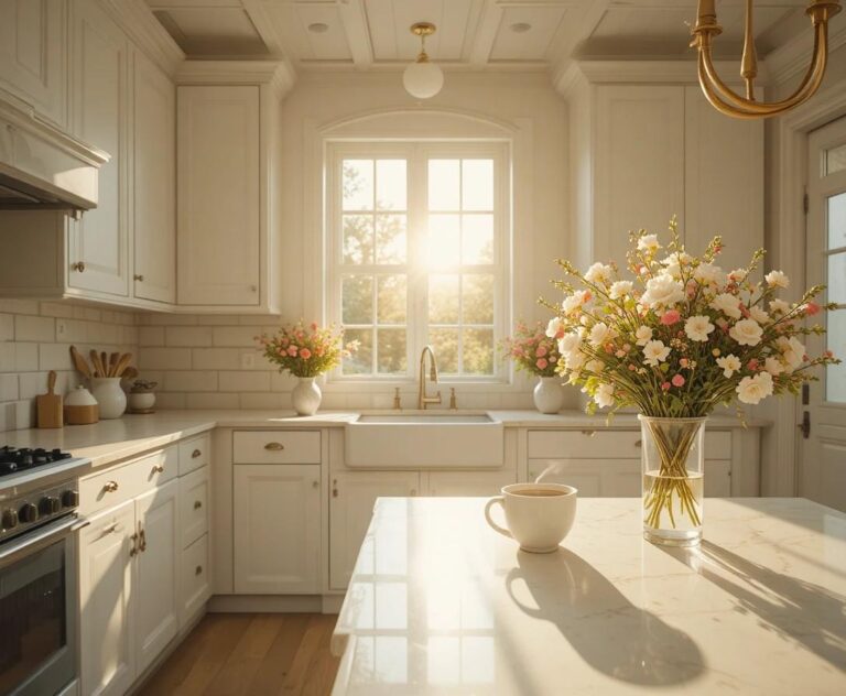Beautiful bright white kitchen with morning sunlight and marble countertops