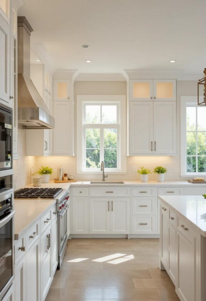 Classic all-white shaker cabinet kitchen with warm lighting and clean minimal design