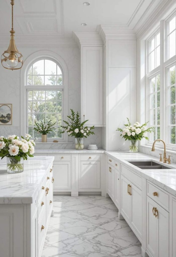White kitchen with elegant marble countertops featuring soft grey veining and gold accents
