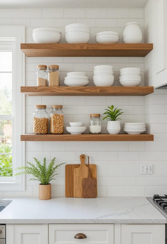 White kitchen with open wooden shelves styled with dishes, glass jars, and green plants