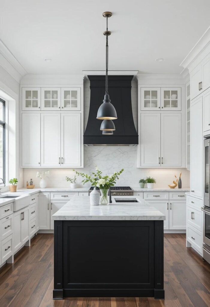 White kitchen featuring a bold matte black kitchen island with pendant lighting above