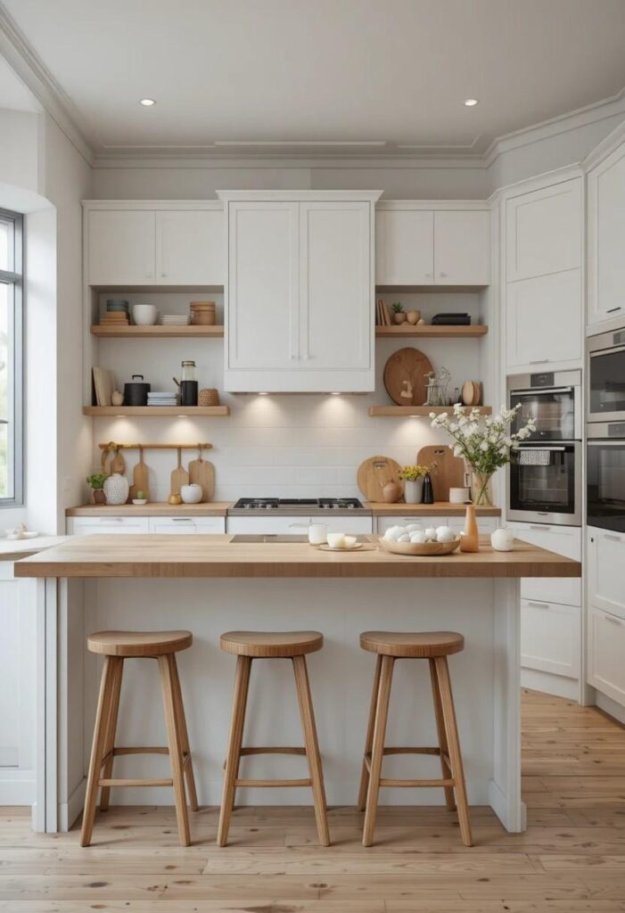 Bright white kitchen with warm ash wood shelves and oak bar stools for a Scandinavian feel