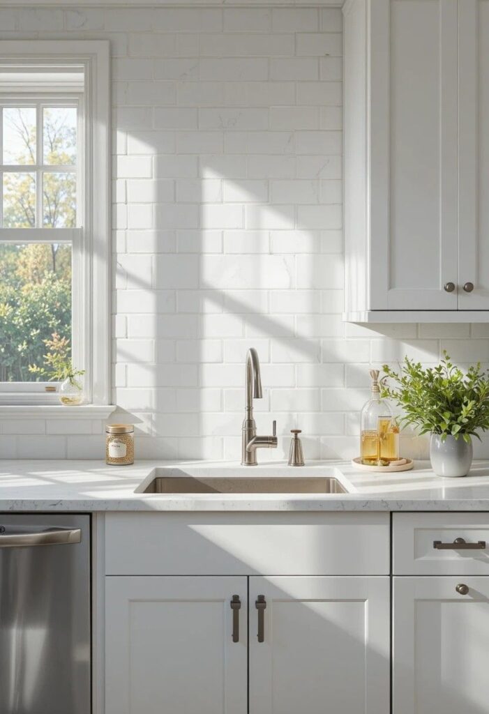 White kitchen with classic subway tile backsplash in brick pattern and light grey grout