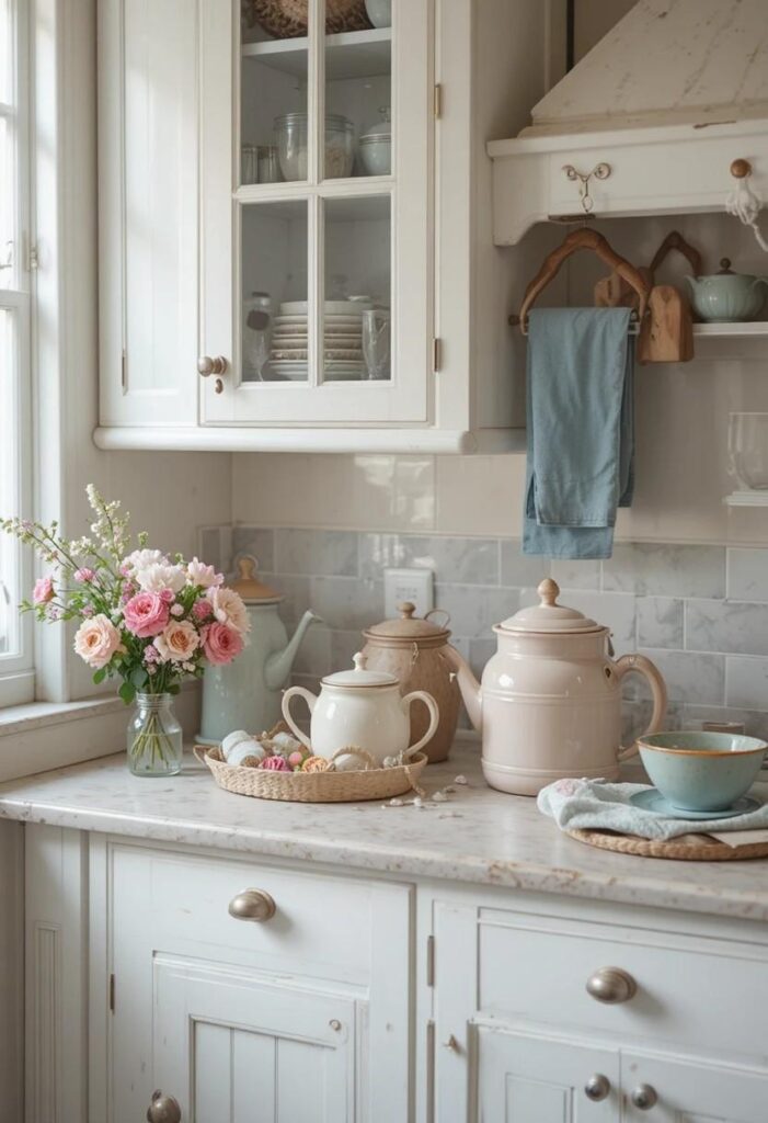 Soft white kitchen with pastel sage green and blush pink accents for a romantic cozy feel