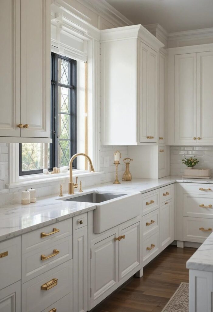 White kitchen with brushed gold cabinet hardware and gold faucet for a luxurious touch