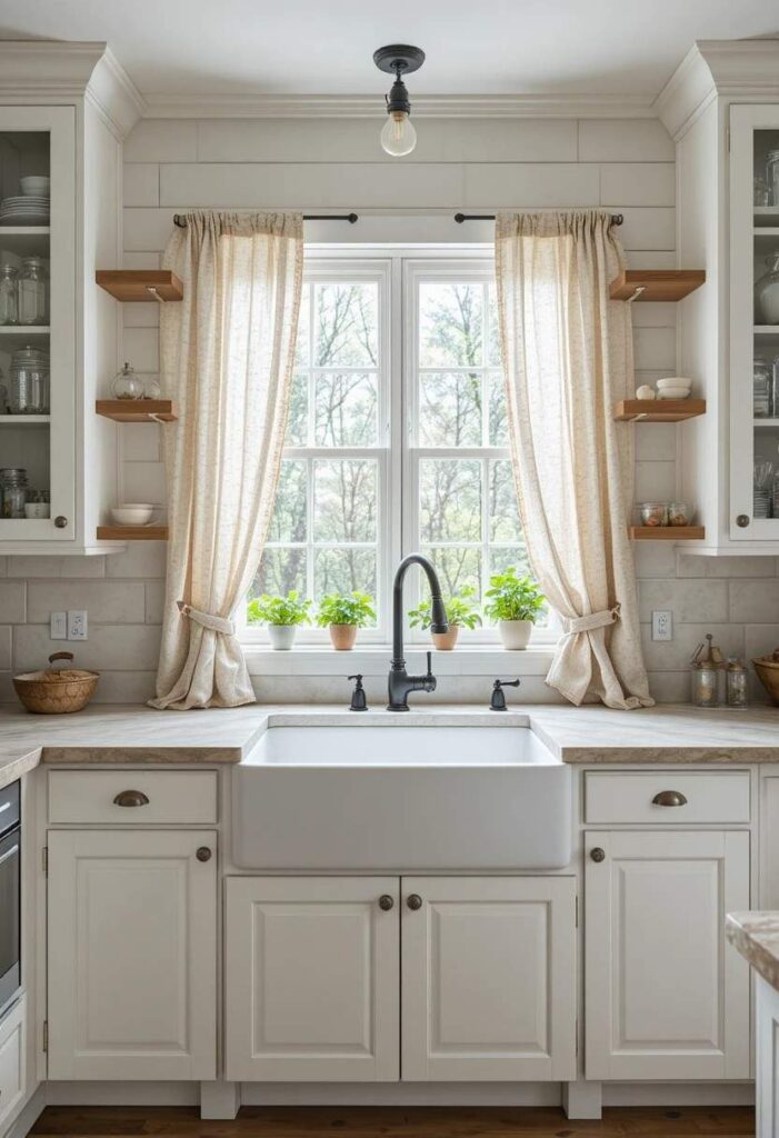 White farmhouse kitchen with a deep apron front sink, linen curtains, and open wooden shelves
