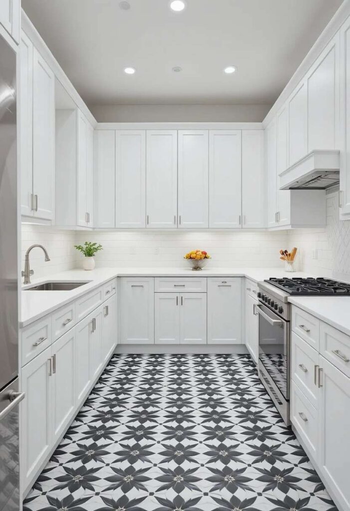 White kitchen with bold black and white geometric patterned floor tiles as the focal point